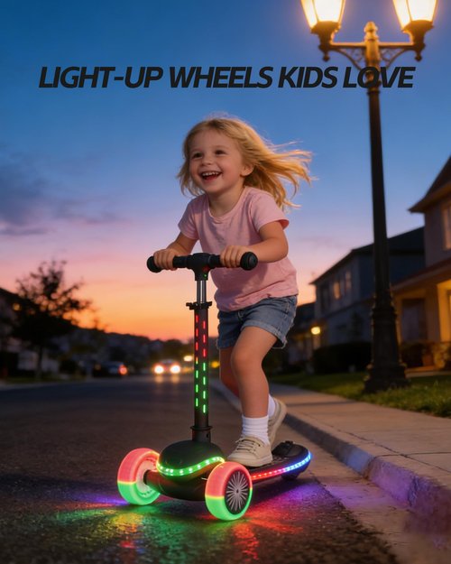 Kids Scooter, 3 Wheel Kick Scooter for Toddlers with Light Up Wheels, Lean-to-Steer Design, Adjustable Height Handlebar, Anti-Slip Deck, Ages 2–8(Black)