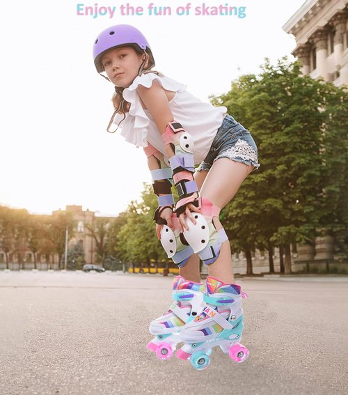 ERNAN Kids Roller Skates,Girls Roller Skates,4 Size Adjustable with Light up Wheels for for Beginner Kids Girls & Boys (Rainbow, M)