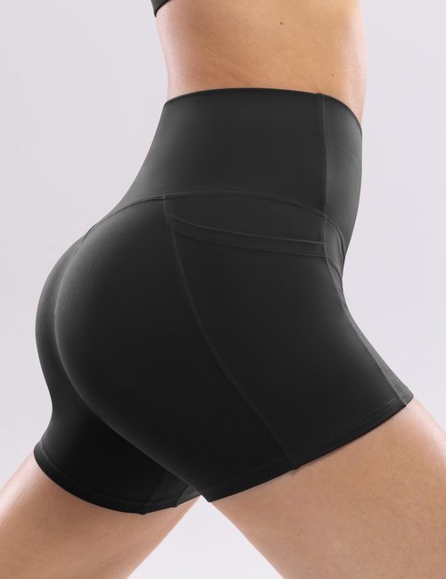 POSHDIVAH Women's Creamluxe Yoga Shorts with Pockets - 4" High Waisted Spandex Workout Running Volleyball Biker Shorts, Black Medium