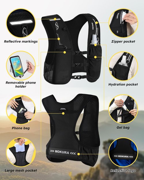 MOKURA Lightweight Hydration Running Vest - 500ML Soft Flask & Phone Holder - Adjustable & Reflective