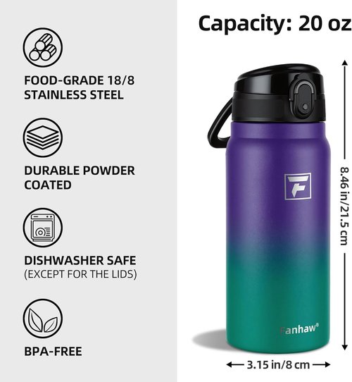Fanhaw 20 Oz Insulated Stainless Steel Water Bottle - Leak-Proof Chug Lid | BPA-Free & Wide Mouth (Purple Green)