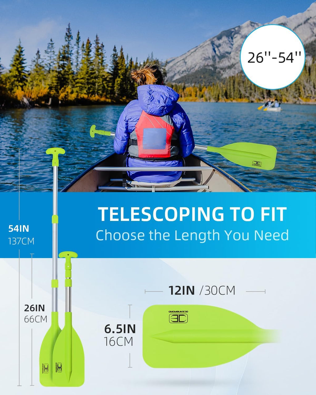 OCEANBROAD Telescoping Emergency Paddle - Adjustable 21''-42'' or 26''-54'' Aluminium Shaft for Kayaking & Canoeing