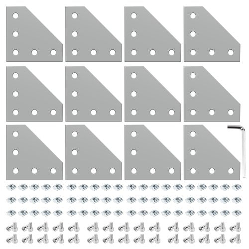 12 Set 2020 Corner Bracket Joint Plate L Shape 5 Hole Aluminum Extrusion Connector with 60Pcs T-Nuts, 60Pcs Screws and 1Pcs Wrench for 20 x 20mm Series Aluminum Extrusion Profile, Silver