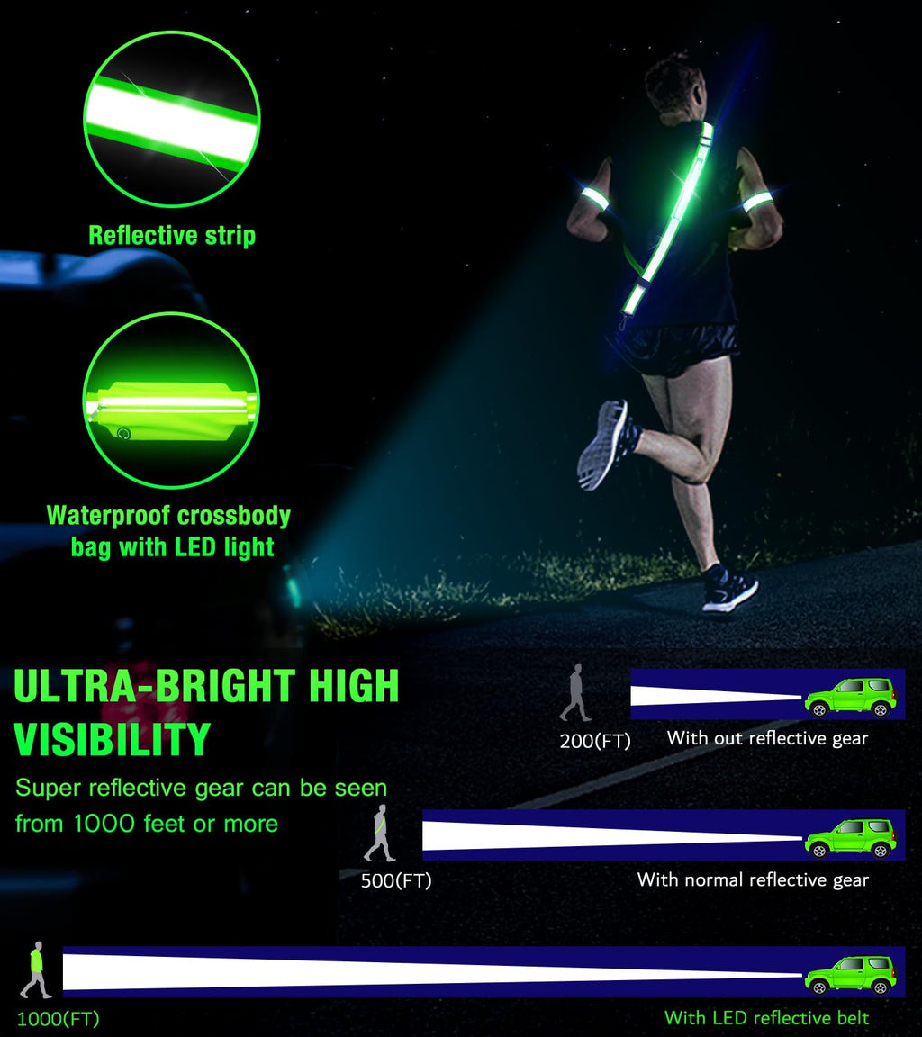 LED Belt Reflective Sash for Walking at Night,High Visibility Adjustable Night Running Safety Gear,Light Up Running Belt Reflective Gear with Phone Bag/Armband for Runners Walkers Men Women (Green)