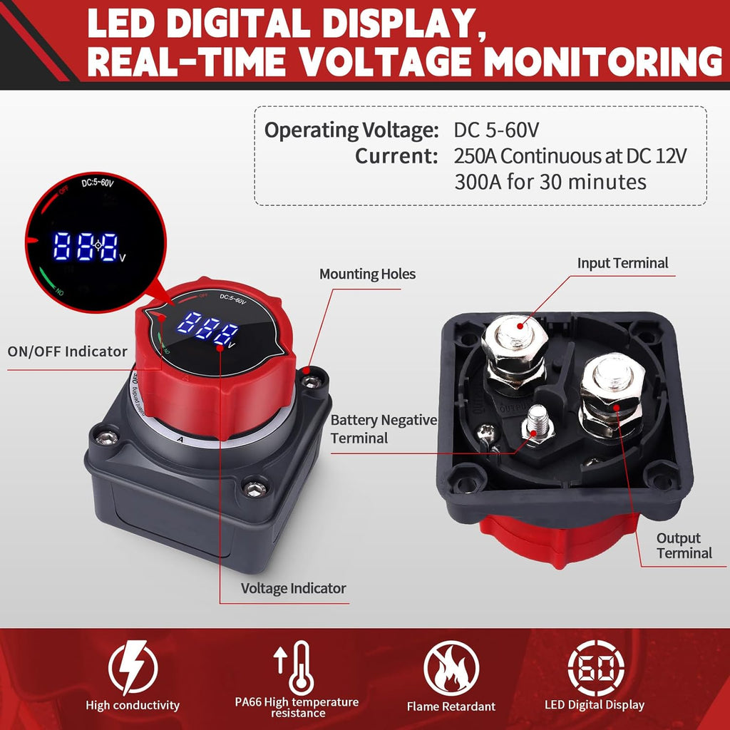AWBLIN Battery Disconnect Switch - Upgrade Voltmeter Master Isolator for Marine, RV, Truck, and Car (DC 5-60V)