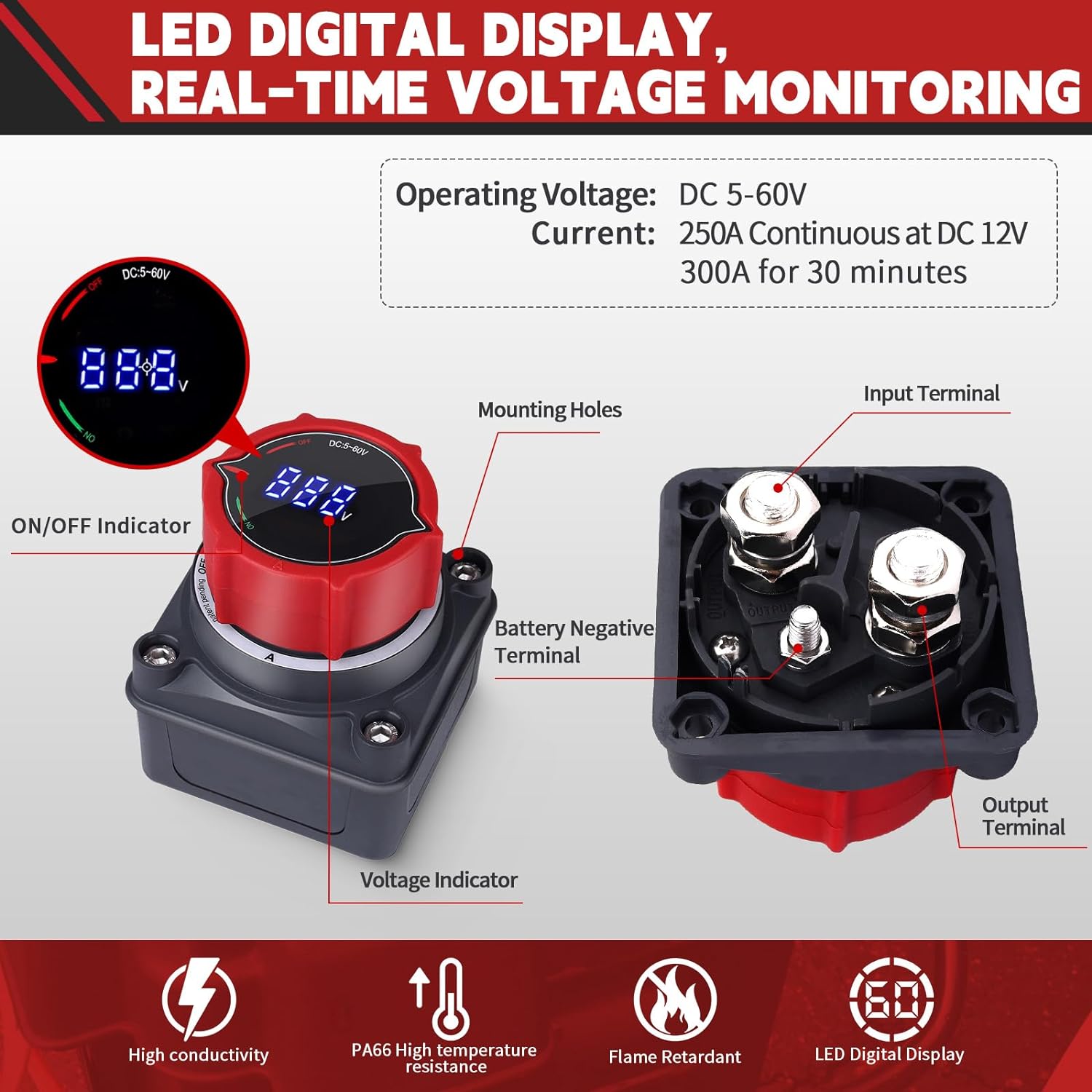 AWBLIN Battery Disconnect Switch - Upgrade Voltmeter Master Isolator for Marine, RV, Truck, and Car (DC 5-60V)