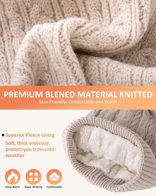 Winter Beanie Hat Scarf Gloves Set for Women, Pom Pom Beanie with Fleece Lined Long Knit Neck Warmer Touchscreen Gloves, Warm 3 in 1 Stocking Stuffers Gift Set for Mom Her Cold Weather(White)