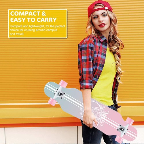 Mini Cruiser Longboard, 31 Inch Small Size Wide Wheel Skateboard, Beginner Stable & Easy-to-Control Skateboard, Suitable for Park & Street Riding, Unique Flame Pattern (Pink)