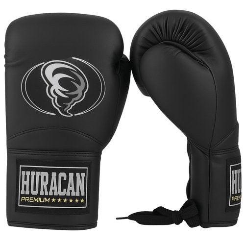Genuine Leather Boxing Gloves – Special Satin Edition – Lace Up Training & Sparring Gloves – Muay Thai, Kickboxing & MMA – 14,16 oz – Huracan Premium (Black, 16 oz)