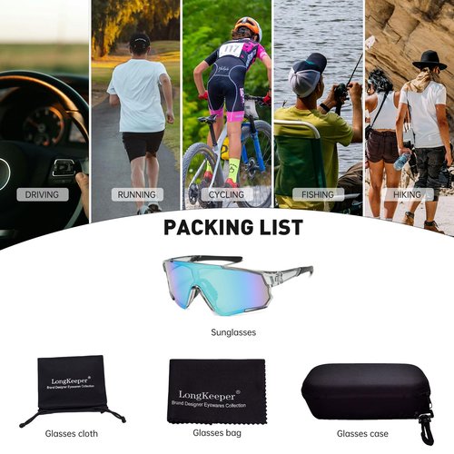 Long Keeper Cycling Sports Sunglasses for Men Women Mountain Bike Glasses Baseball Running Fishing Hiking Sun Glasses (ClearGreyFrameBlueLens)