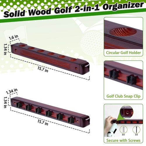 Wall Mounted Golf Club Display Rack, 2 Pack Wooden Golf Putter & Wedge Holder with 6 Secure Clips, Golf Ball Display Shelf, Premium Wall Storage & Organizer for Home, Office, Man Cave, Pro Shop