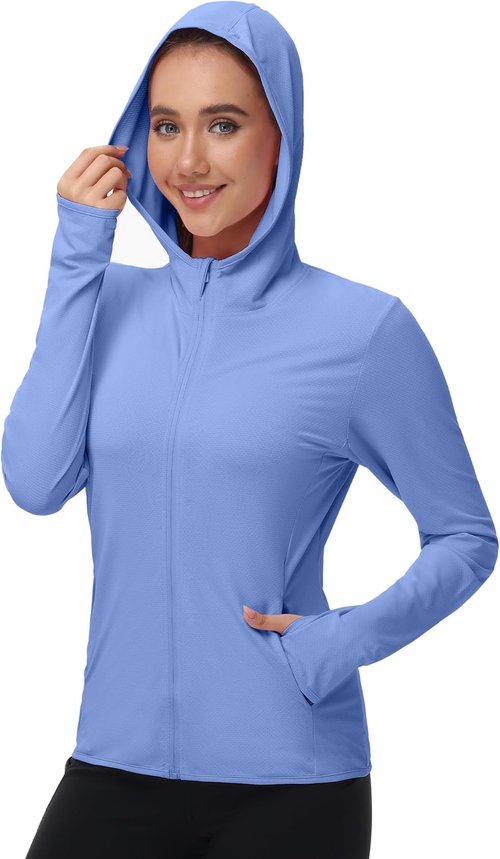 Isnowood Women's UPF 50+ Sun Protection Rash Guard - Lightweight Long Sleeve Zip Hoodie Jacket
