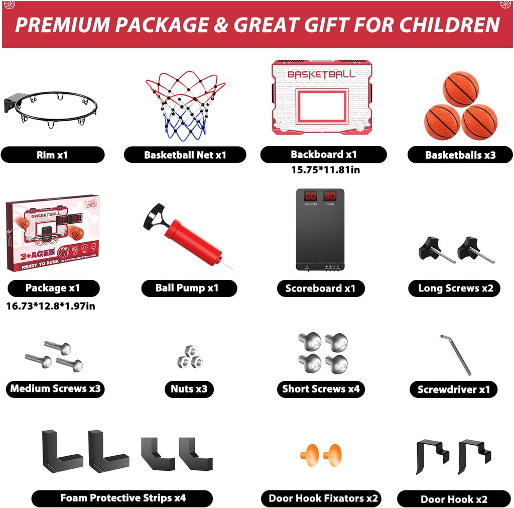 Skiennix Indoor Mini Basketball Hoop - Over The Door with LED Lights & Sound Effects | Includes 3 Balls, Perfect Sports Gift for Kids Ages 6-12