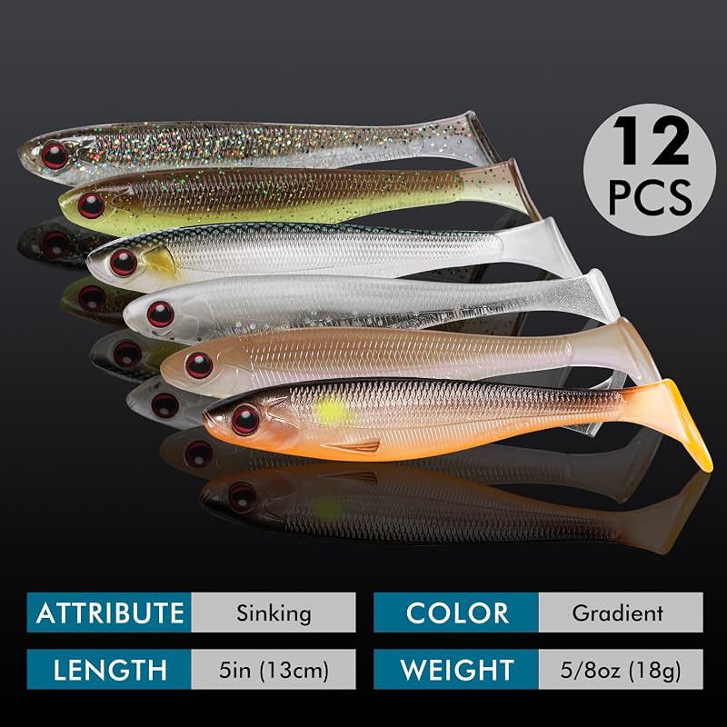 5in 12pcs 0.6oz Shadtale Easy Catch Soft Swimbaits Lures for Bass Trout Redfish (5'', 12 pcs, 0.6 oz)