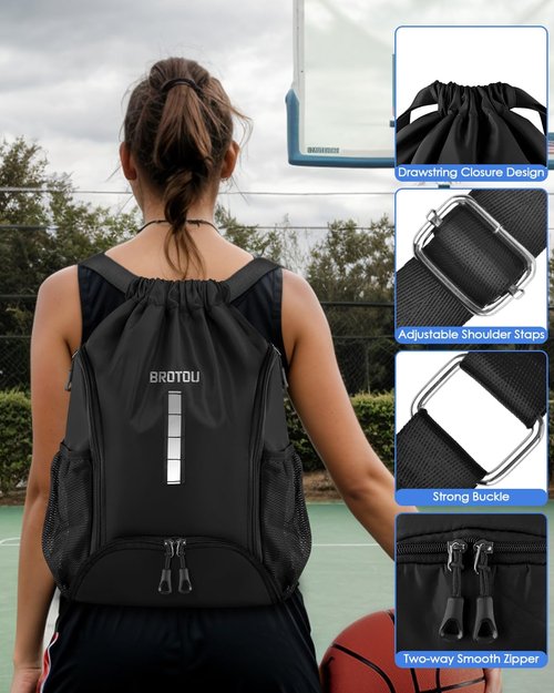 BROTOU Soccer Drawstring Backpack - Versatile Sports Bag with Ball & Shoe Compartment | Ideal for Basketball, Volleyball