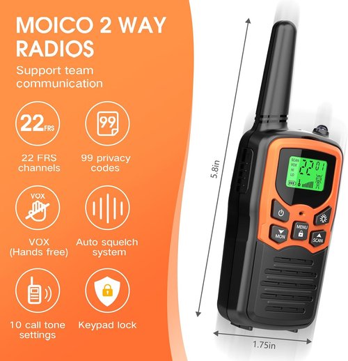MOICO Long Range Walkie Talkies - 22 FRS Channels with LED Flashlight | Family Hiking & Camping (Orange, 2 Pack)