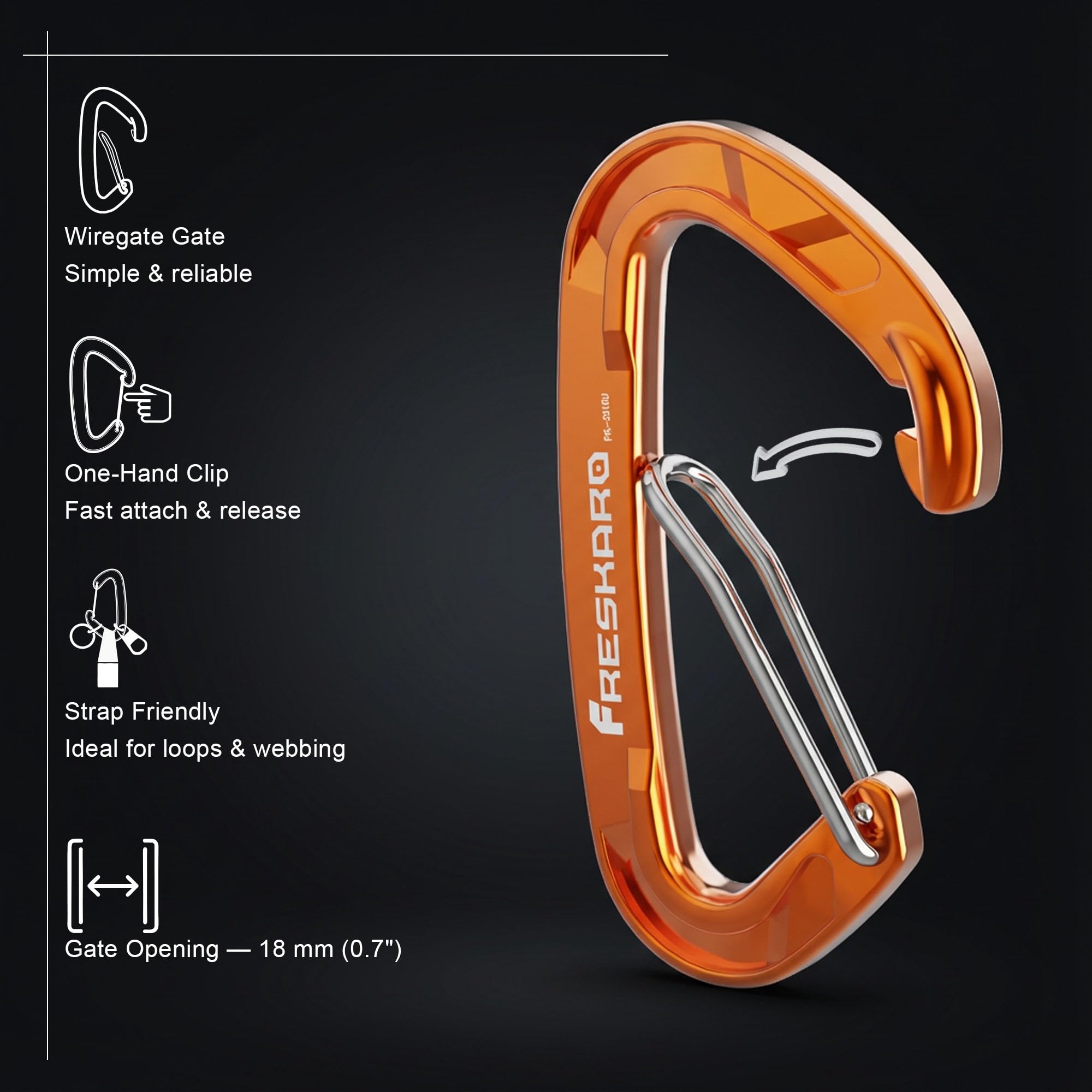 FresKaro Wire gate Carabiner Clips, 15kN WireGate Caribeener Heavy Duty, Caribeaner Spring Snap Hooks, D Ring, Strong, Lightweight, 4Pack for Keychain, Key, Gym, Outdoor Camping, Medium Size, Orange
