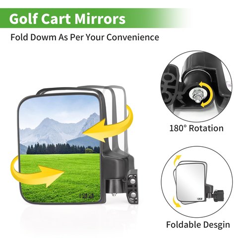 10L0L Universal Golf Cart Mirrors - HD Glass, Ultra-Wide View Back & Side Mirrors - No Drilling, Foldable - Compatible with Yamaha, Club Car, EZGO