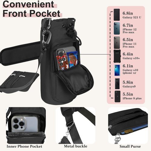 Insulated Water Bottle Carrier with Adjustable Strap - 25/32/40 oz Water Bottle Crossbody Bag with Small Purse for Hiking, Gym, Travel