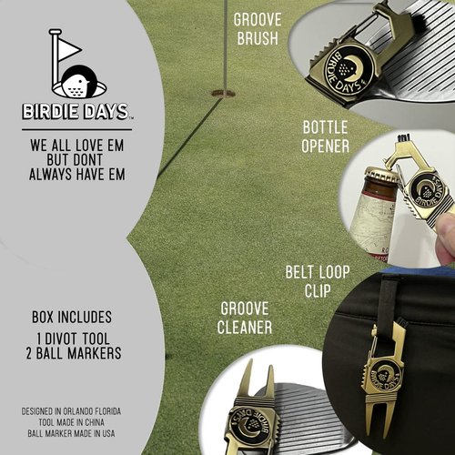 Birdie Days | Golf Ball Marker and Divot Tool Set | Antique Brass Finish | 2 Ball Markers and 1 Divot Tool | 6 Plastic Tees