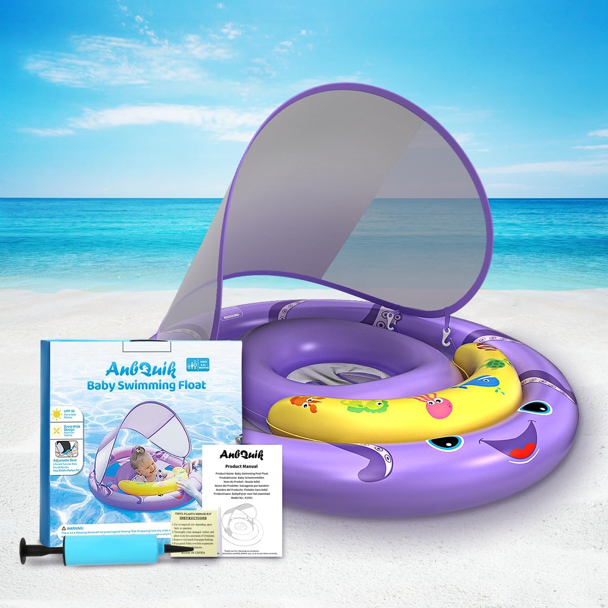 Skiennix Baby Pool Float - Removable UPF50+ Sun Protection Canopy | Extra Wide Octopus Design for 6-24 Months