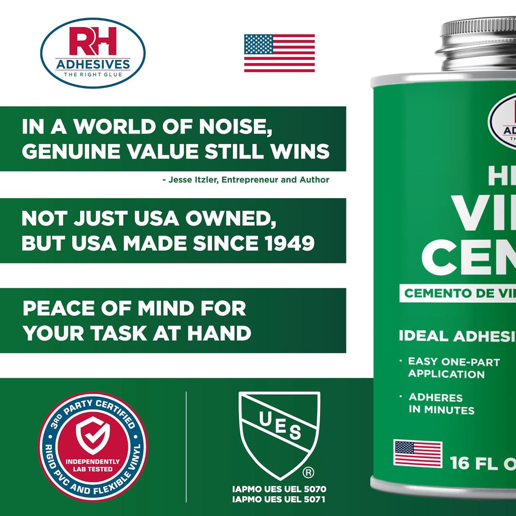 RH Adhesives HH-66 Vinyl Cement 16 oz - Waterproof Flexible Adhesive for PVC & Vinyl Repair