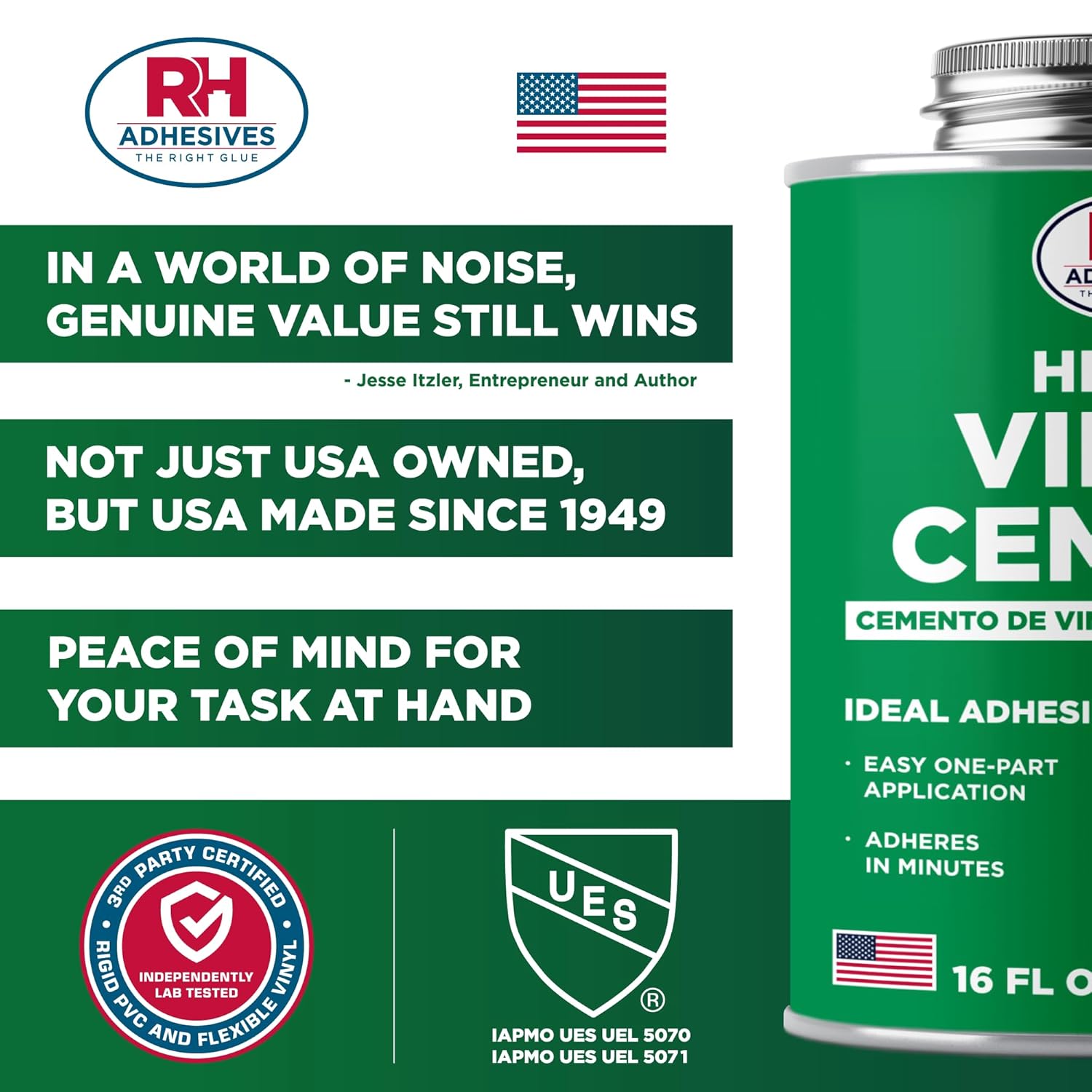 RH Adhesives HH-66 Vinyl Cement 16 oz - Waterproof Flexible Adhesive for PVC & Vinyl Repair