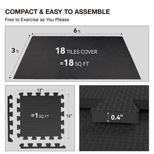 AIRHOP 18 Tiles Gym Floor Mat, EVA Foam Puzzle Gym Mat, High-Density Interlocking Foam Floor Tiles for Home Gym, Play Workout Garage Kitchen Flooring