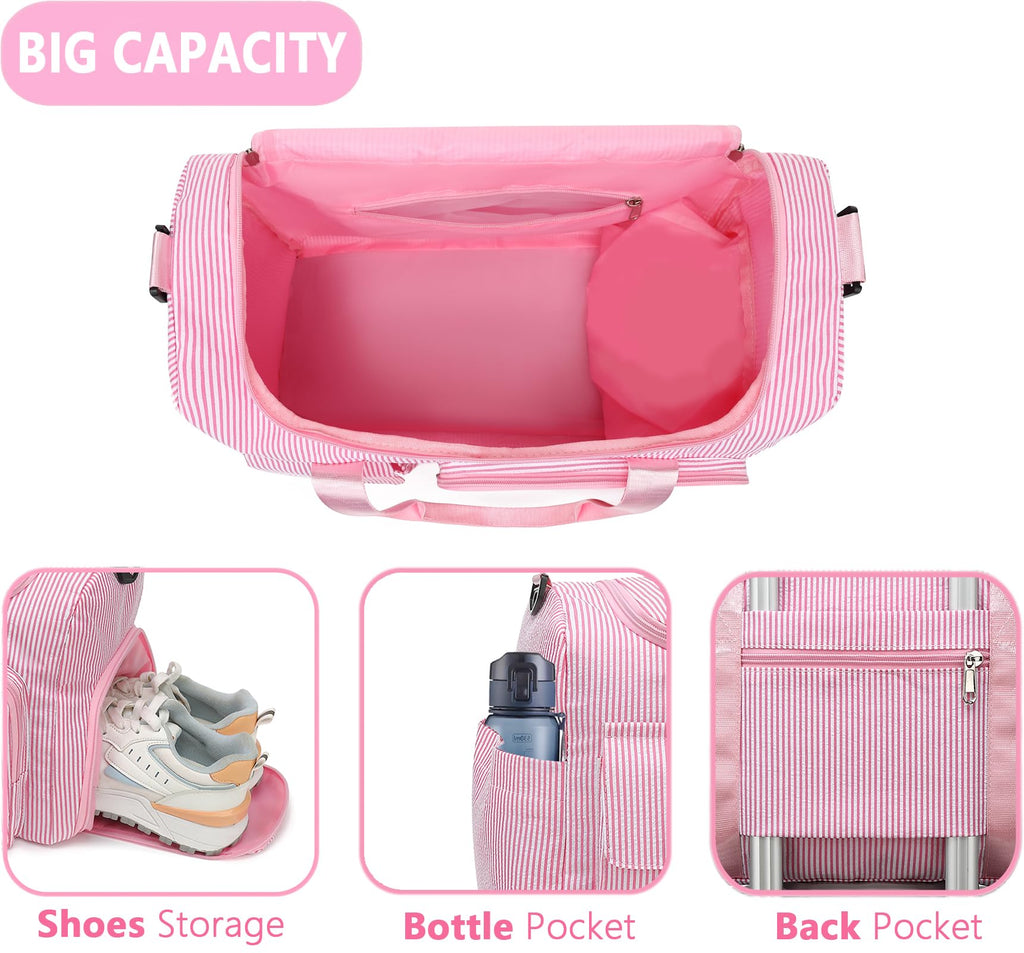 HuiLeo Kids Travel Duffle Bag Dance Bag Gifts for Girls Initial Gym Bag with Shoes Compartment for Women Lightweight Weekender Bags Pink-E