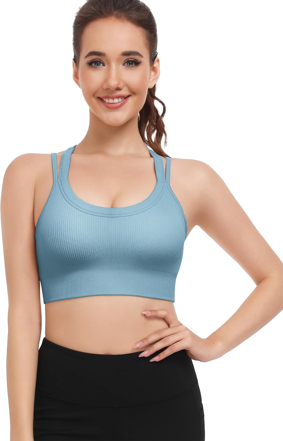 WANAYOU High Support Sports Bras for Women - Ribbed Strappy Criss Cross Back Workout Bra | Padded 3 Pack