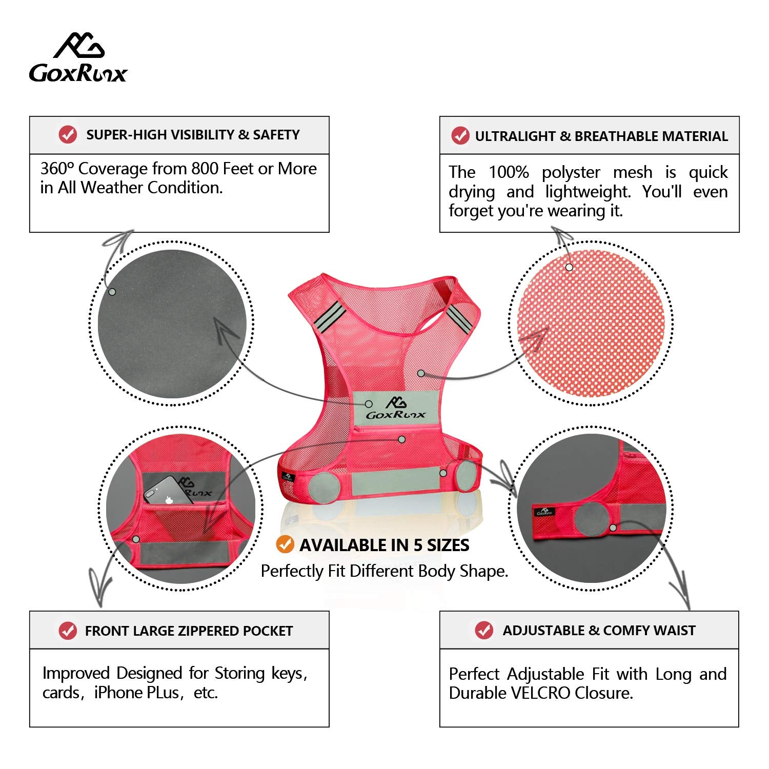 Reflective Vest Running Gear, Lightweight Motorcycle Cycling Reflective Vests with Large Pocket & Adjustable Waist for Women Men Running Safety Vest with Reflective Bands (Pink, Medium)