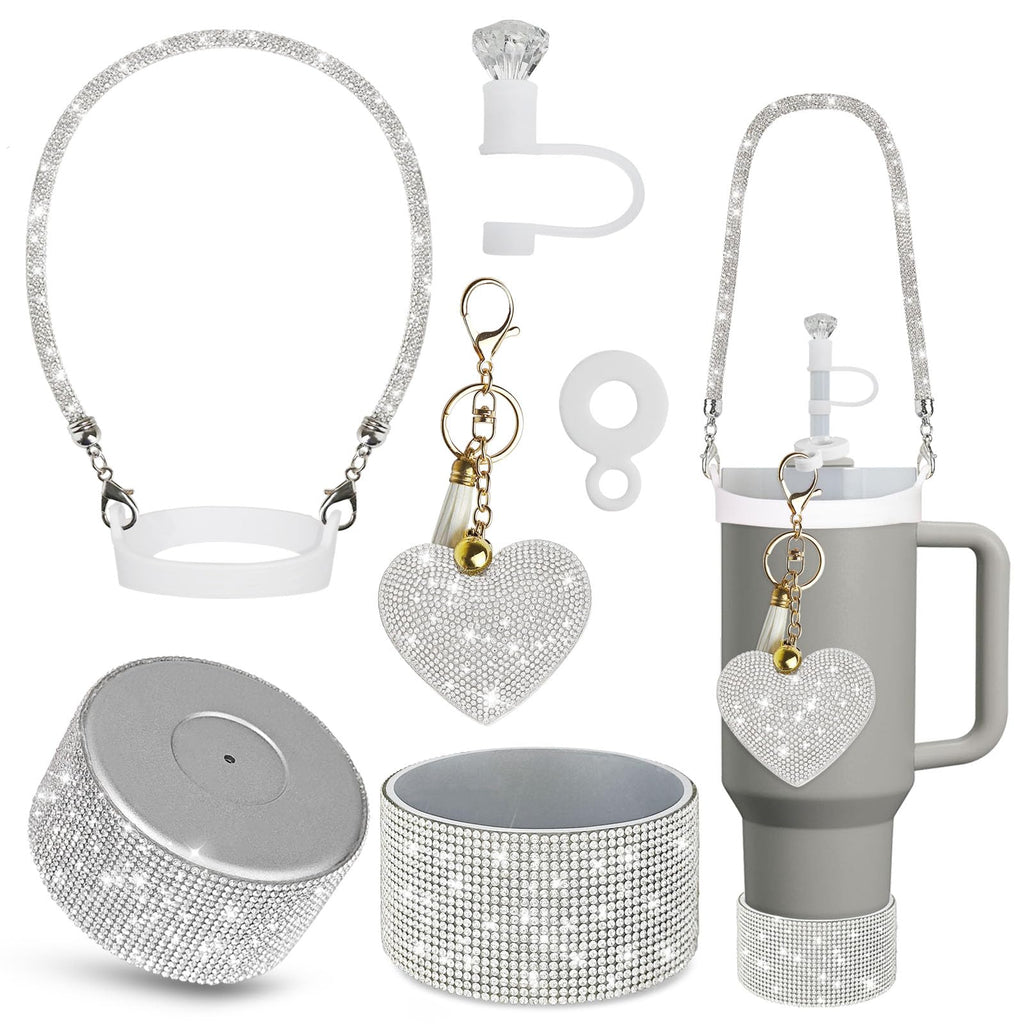 VirgoCCY 5PCS Stanley Cup Accessories Set 30&40 Oz, Includes 1 Diamond Silicone Boot, 1 Glitter Handle Strap, 1 Straw Covers,1 Straw Adapters Charm Blank with 1 Glitter Charms, Silver