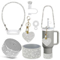VirgoCCY 5PCS Stanley Cup Accessories Set 30&40 Oz, Includes 1 Diamond Silicone Boot, 1 Glitter Handle Strap, 1 Straw Covers,1 Straw Adapters Charm Blank with 1 Glitter Charms, Silver