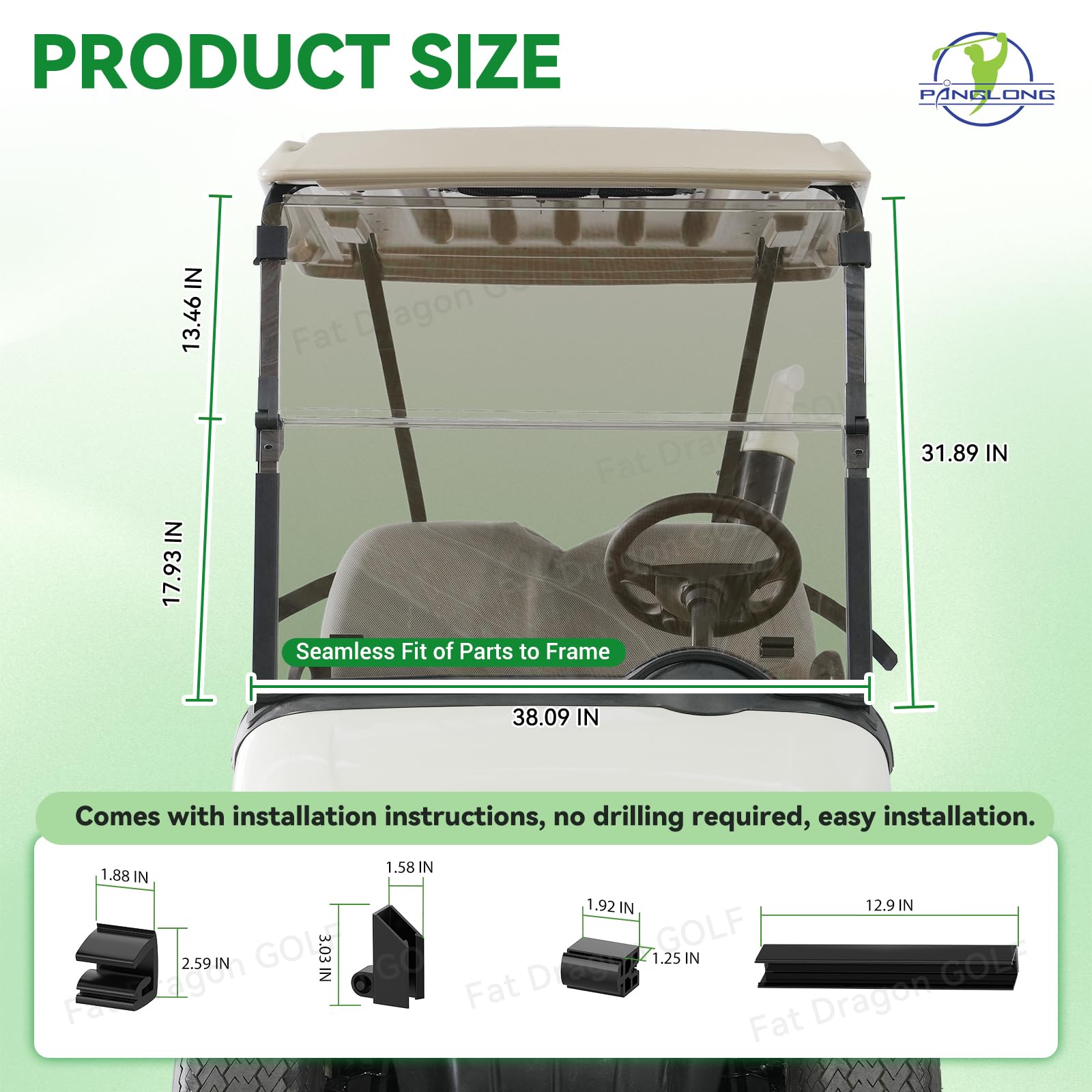 Panglong EZGO RXV Windshield Tinted, Golf Cart Windshield with all Windshield Clips for 2008-Up EZGO RXV Models -38.09"W X 31.89"H, No Drilling Foldable EZGO Windshield