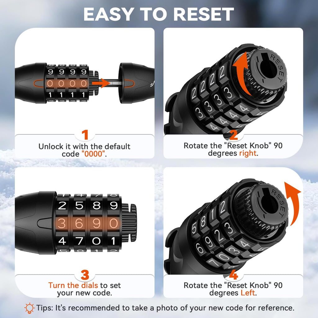 Sportneer Bike Lock - 4-Digit Combination, Weatherproof 12mm Heavy Duty Steel | 4ft Cable for Bicycles & Scooters