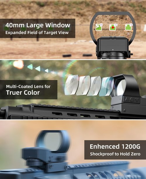 EZshoot Rechargeable Motion Awake Multiple Reticle Red Green Dot Sight, 40mm (1.6") Large Lens Reflex Sight, Red Dot Scope Optics for 20mm Picatinny Rail, Paintball Sights with Absolute Co-Witness