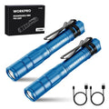 WORKPRO Rechargeable Pen Light, Mini Flashlight, 2 Pack Ultra-Compact EDC Flashlight, Pocket Flashlight with Clip, Memory Function and 2 x USB C Cable Included, Blue