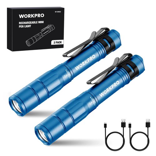 WORKPRO Rechargeable Pen Light, Mini Flashlight, 2 Pack Ultra-Compact EDC Flashlight, Pocket Flashlight with Clip, Memory Function and 2 x USB C Cable Included, Blue