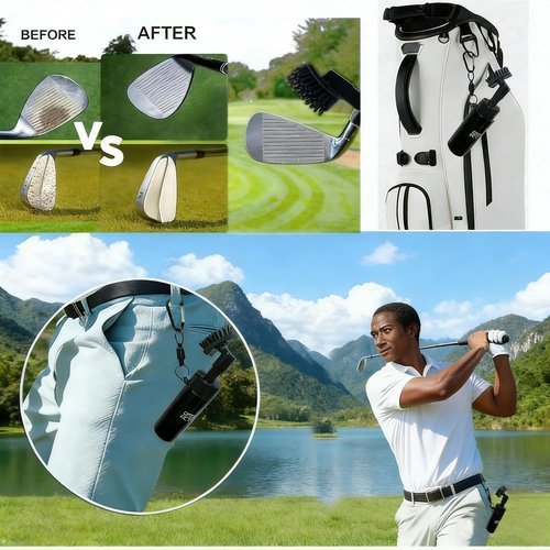 GREEN ACTION Golf Club Brush Cleaner with Water Sprayer & Magnetic Clip, Curved Stiff Bristles for Deep Cleaning, Silicone Hose & Gravity Ball for Easy Use-Holds 5 Oz Water-Golf Accessories (Black)