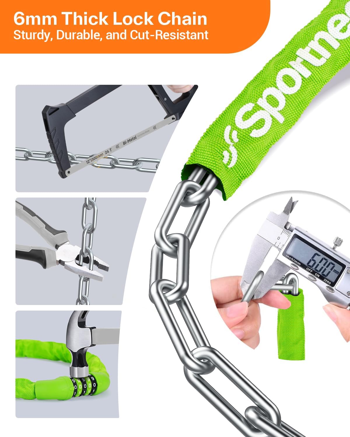 Sportneer Bike Lock - High Security 5 Digit Combination Anti-Theft Chain Lock | 3.2/3.6/4ft Heavy Duty for Bikes, Motorcycles, Scooters, Doors & Gates - 4/6mm Thick, Keyless Design