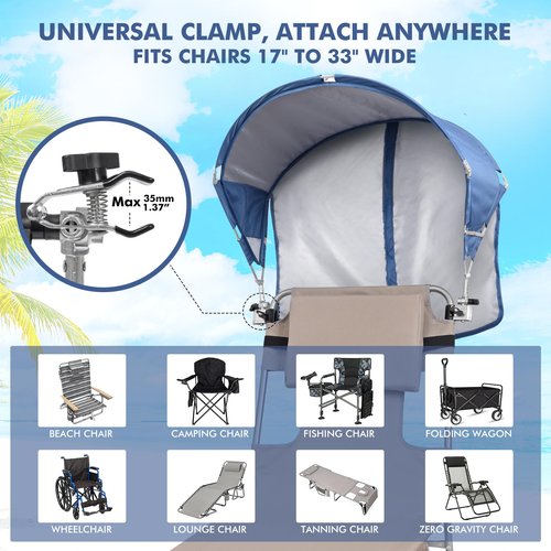 Universal Chair Umbrella Canopy, UPF 50+ Sun Shade with Adjustable Clamp, Fits Most Brands’ Beach, Camping, Lawn, Tanning, Zero Gravity, Lounge & Fishing Chairs, Patent Design