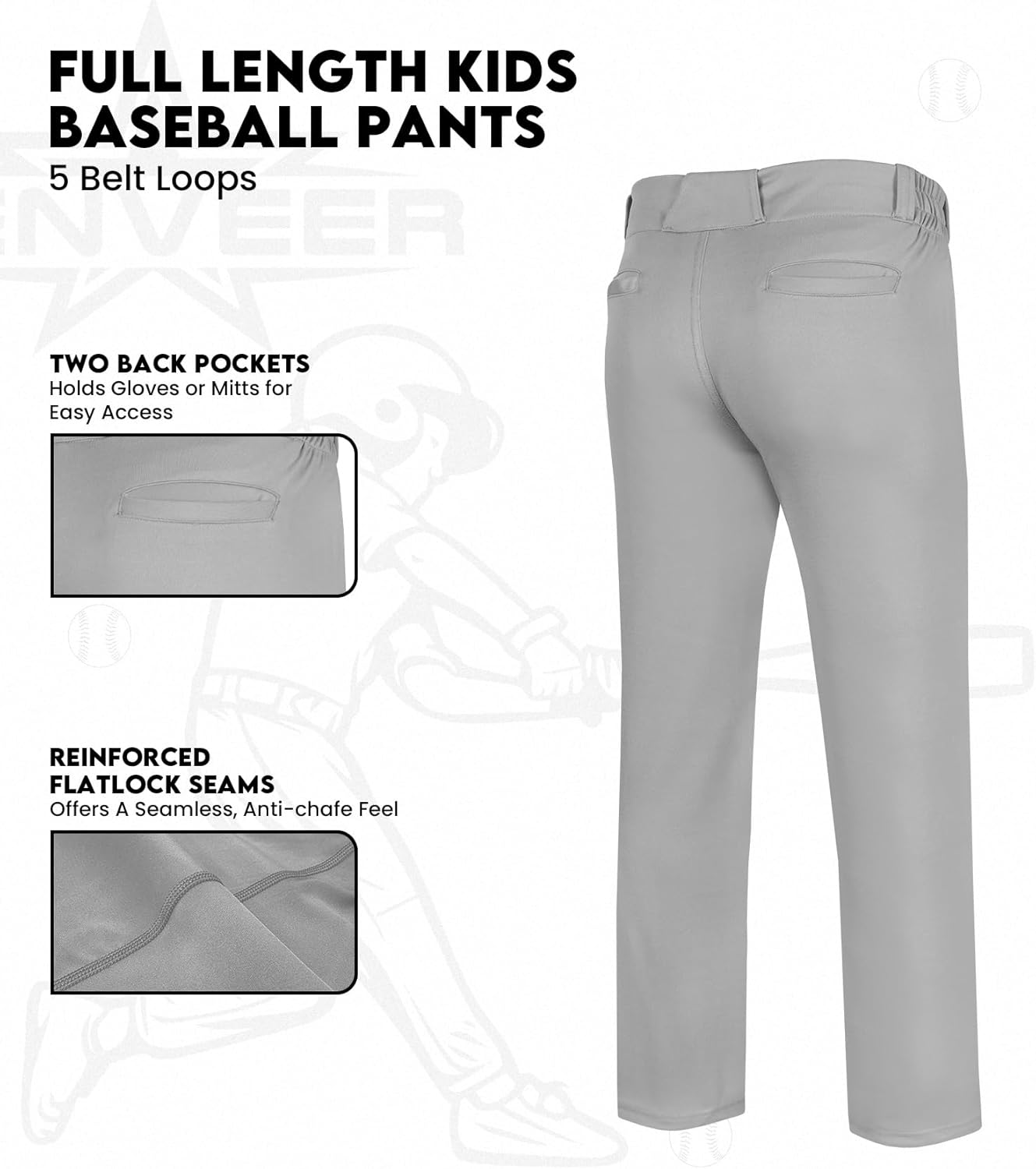 Skiennix Youth Baseball Pants - Durable Full Length Open Bottom Design for Boys | Softball & T-Ball Ready