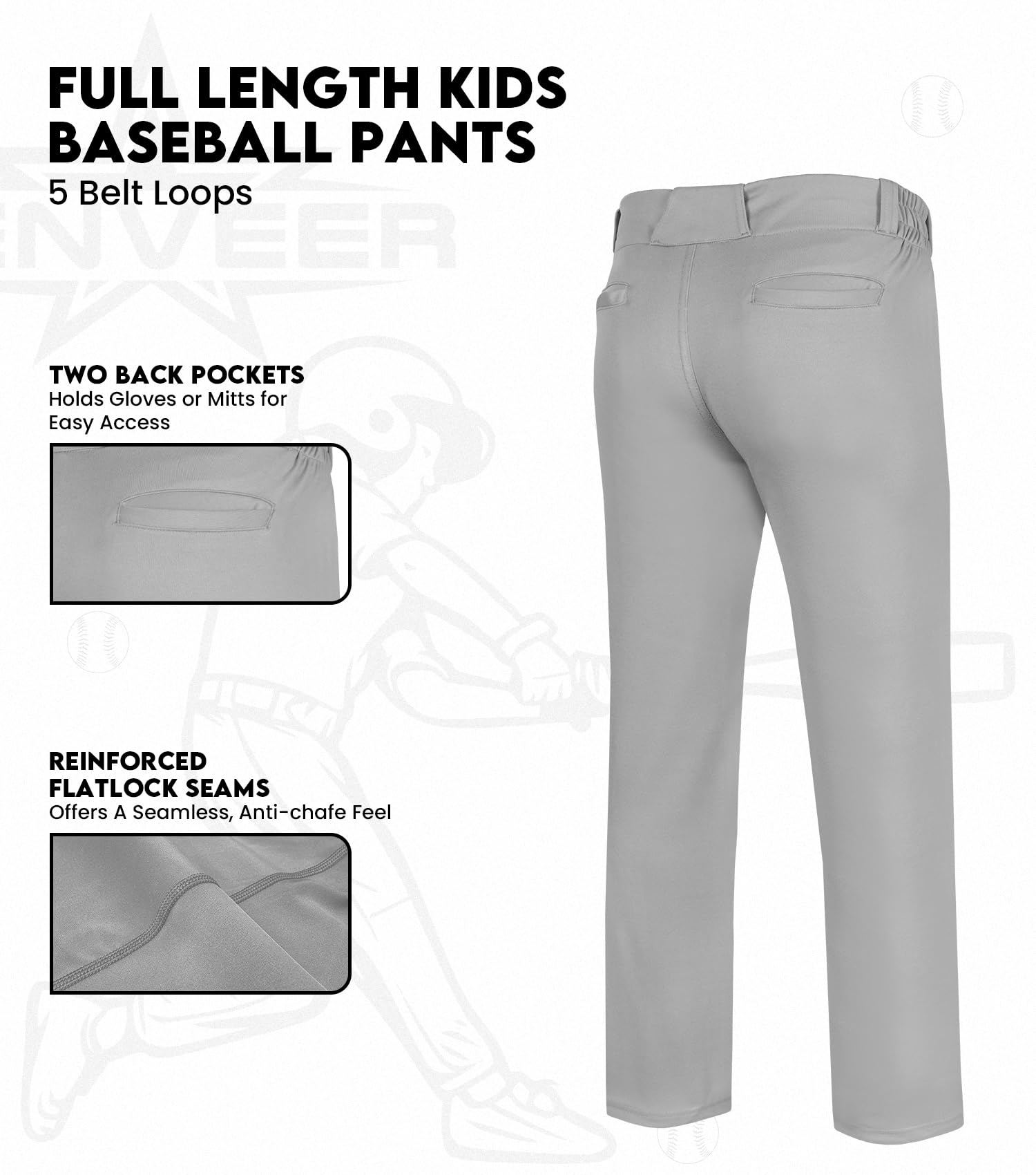 Penveer Youth Baseball Pants, Full Length Open Bottom Boys Baseball Pants with Durable Snap, Softball Pants, T Ball Pants