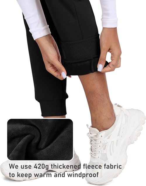 MoFiz Women's Thermal Fleece Lined Joggers - Water Resistant Winter Sweatpants | Black, Size L