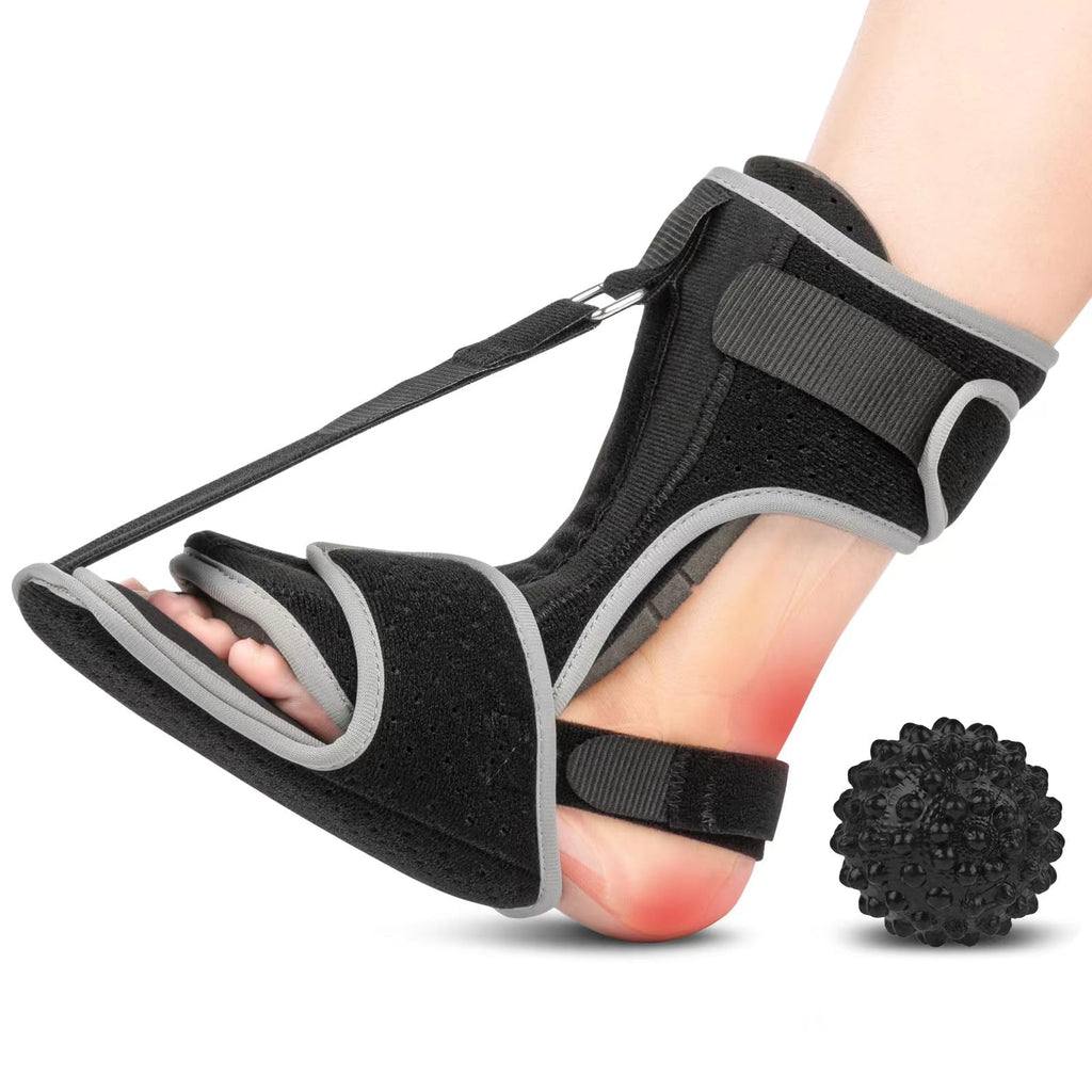 Plantar Fasciitis Night Splint with Massage Ball for Plantar Fasciitis Relief, Comfortable Plantar Fasciitis Brace for Achilles Tendonitis Heal Spur Foot-drop Flat-arch, Free Size for Men and Women - Black