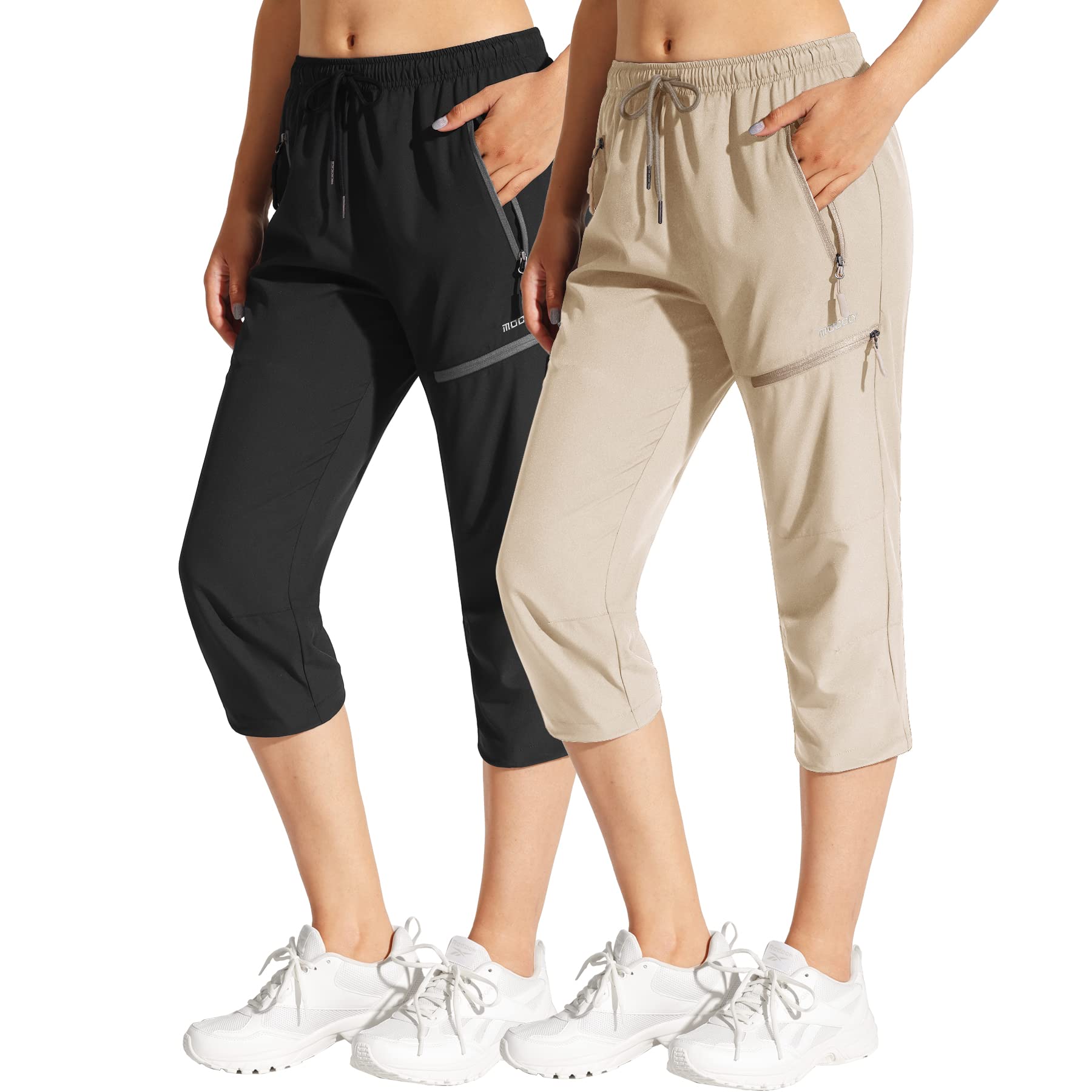 MOCOLY Women's Hiking Capris Pants Outdoor Lightweight Quick Dry Water Resistant UPF 50 Cargo Pants with Zipper Pockets 2 Pack