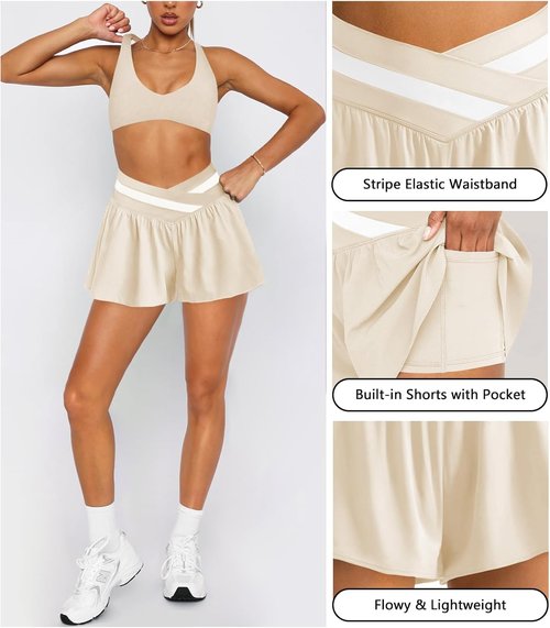 Hragc Women's High-Waisted 2-in-1 Athletic Workout Shorts - Flowy Butterfly Design with Pockets
