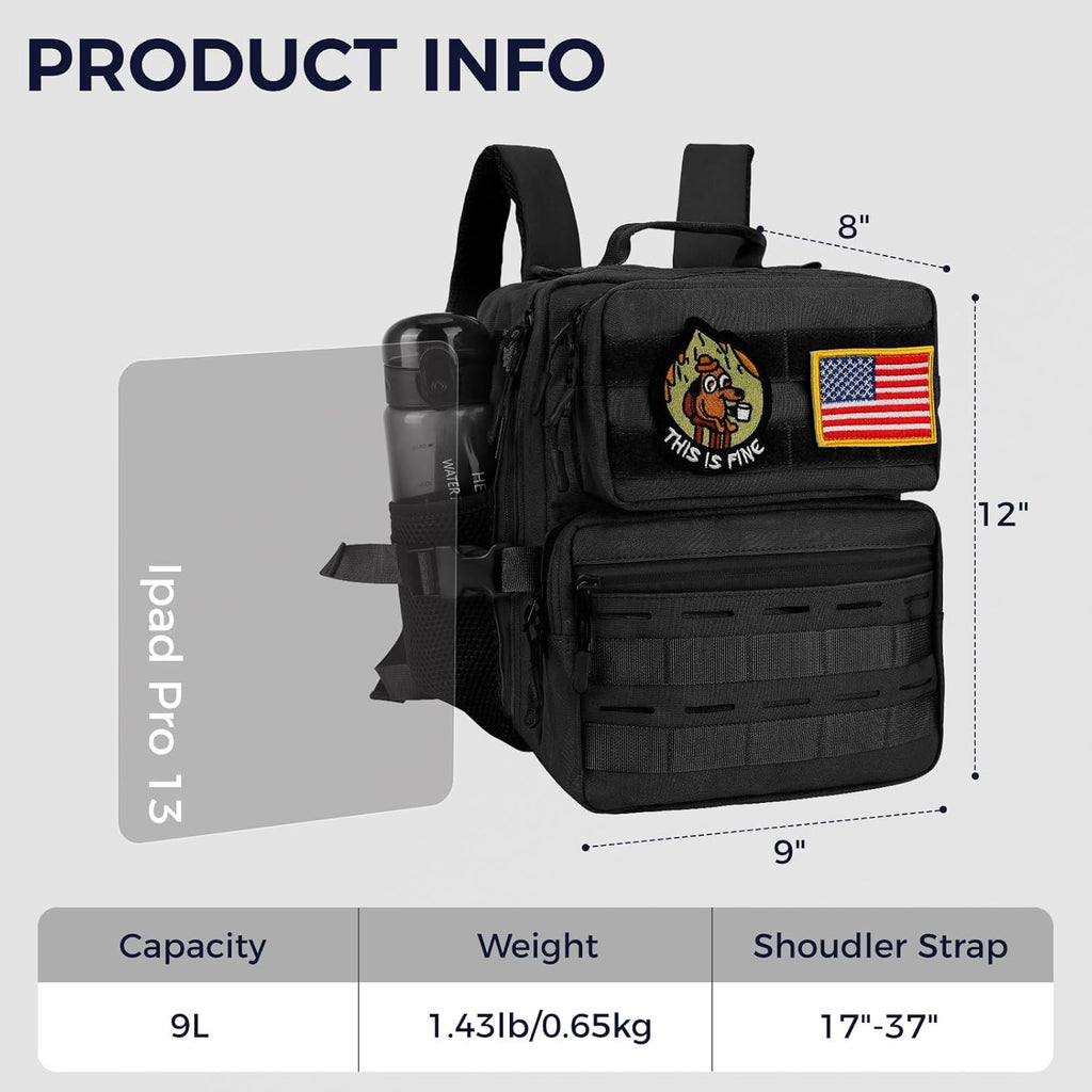 Skiennix 9L Mini Tactical Backpack - Small Military Gym Bag for Men & Women | Black Molle Daypack