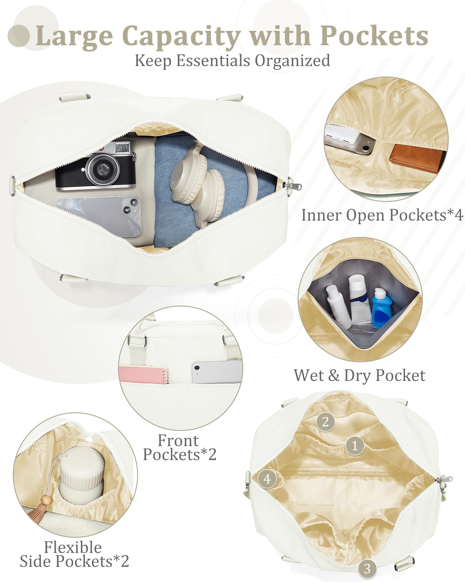 Gym Bag for Women,Travel Duffle Bag for Travel with Wet Pocket Weekender Overnight Carry On Tote Bag Luggage Bag with Trolley Sleeve Personal Item Travel Bag Hospital Diaper Bag Beige