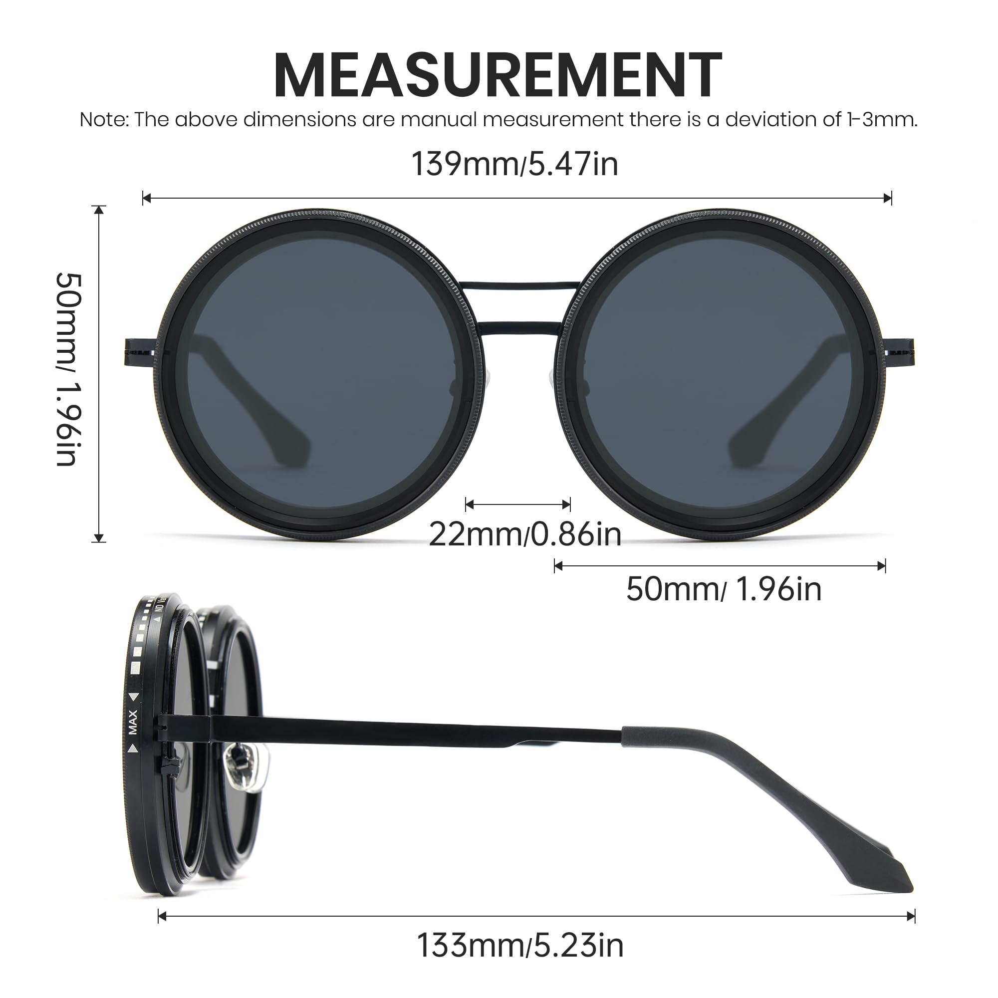 Cyxus Adjustable Tint Sunglasses 1-9 Gears Rounded Polarized Glasses with ND Filter Lenses Advanced ND Filter Lens Technology（P1299B02 Black）